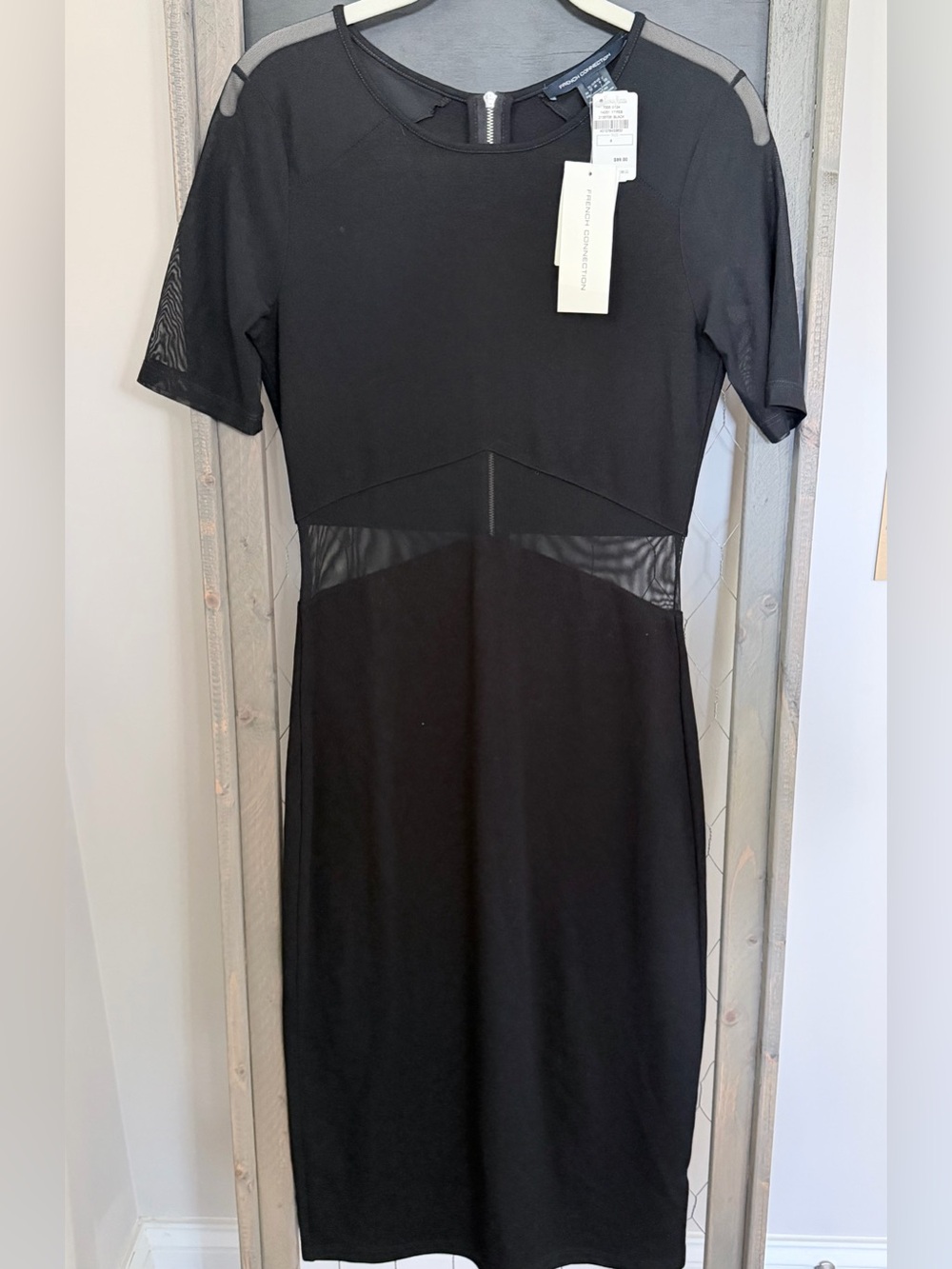 NWT French Connection Black Mesh Panel Sheath Midi Dress Size 8